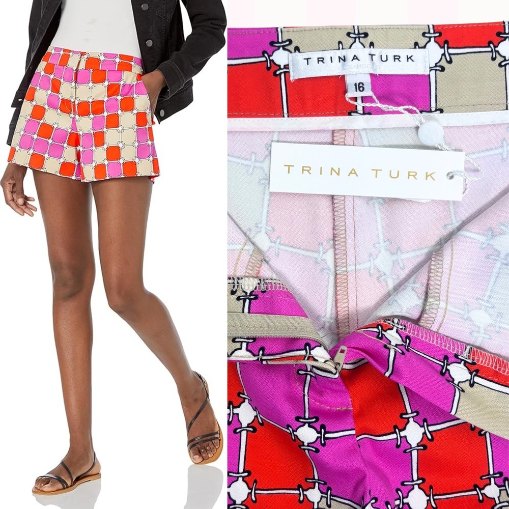Trina Turk Corbin Shorts Geometric Print, Women's Size 16, Pink Red Tan NWT boho